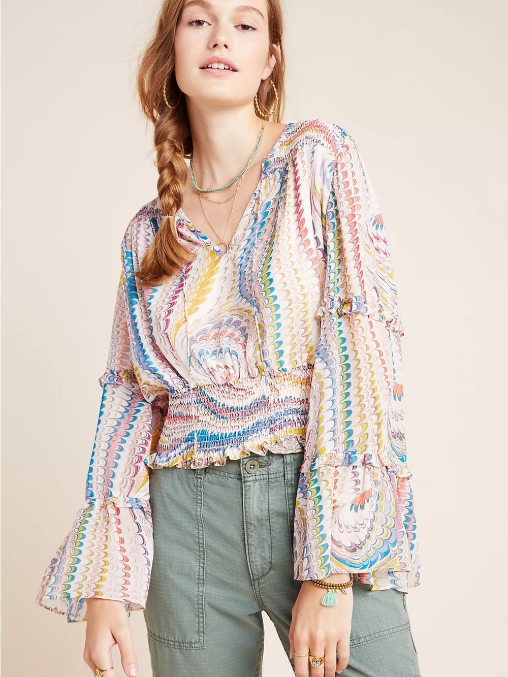 Anthropologie 70’s Styled Jessa Peasant Blouse with Smocked Waist & Bell Sleeves